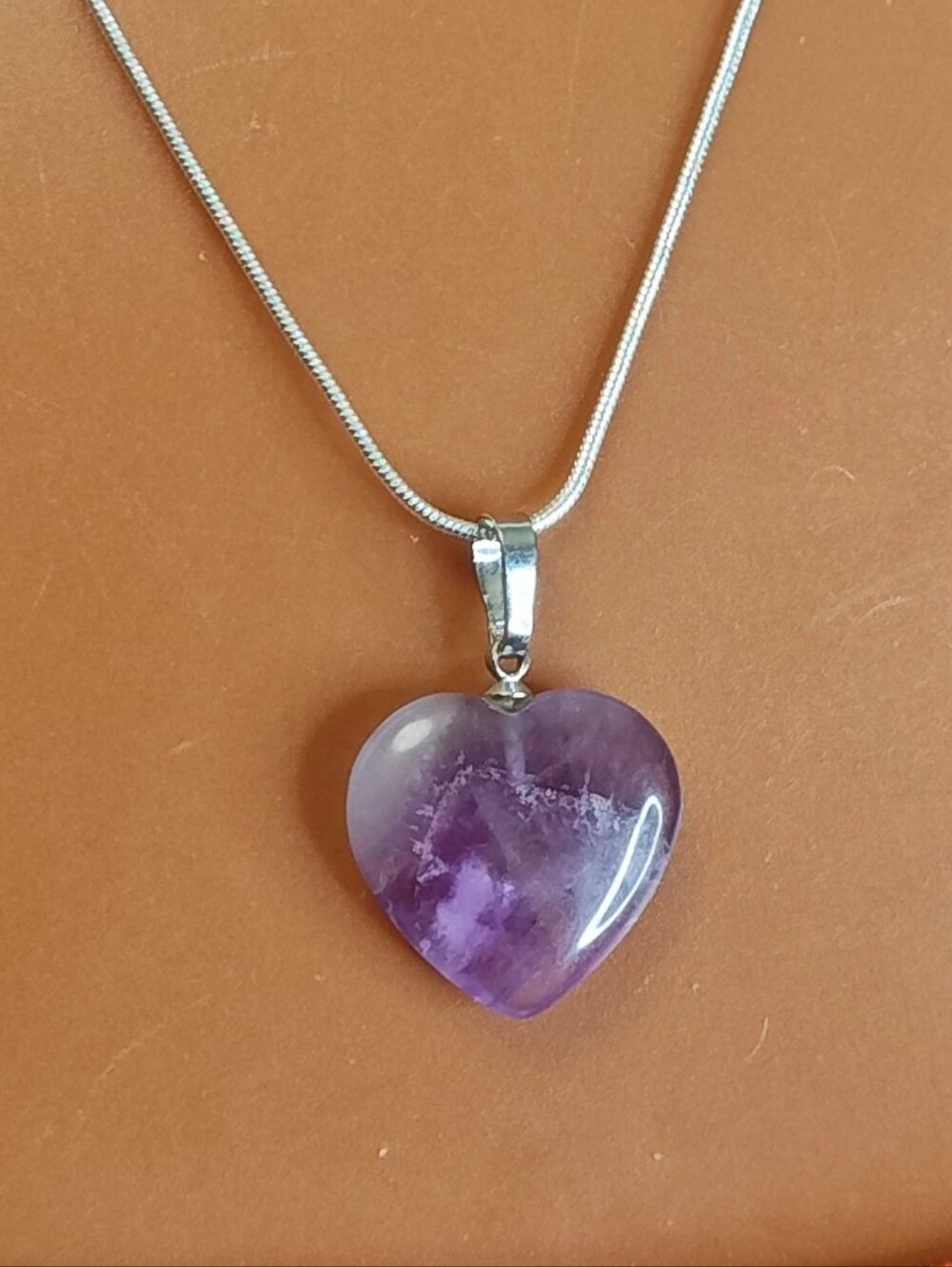 Puffy Heart Necklace Purple Amethyst Crystal 925 Sterling Silver Snake Chain 18"